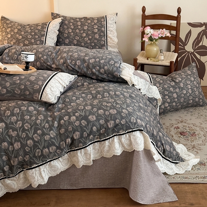 91家纺网 家纺一手货源 找家纺 芯贝儿 2025秋冬新款加厚全m花边m麻复古风亚麻皱皱双层纱水洗m四件套 浮生序梦