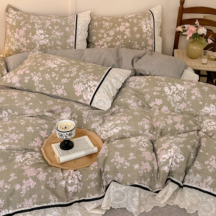 91家纺网 家纺一手货源 找家纺 芯贝儿 2025秋冬新款加厚全m花边m麻复古风亚麻皱皱双层纱水洗m四件套 云卷抒