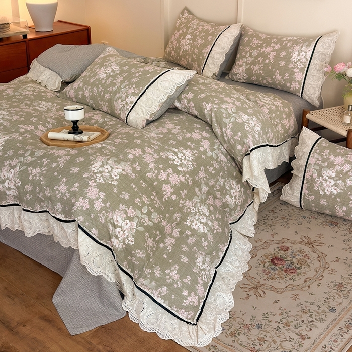 91家纺网 家纺一手货源 找家纺 芯贝儿 2025秋冬新款加厚全m花边m麻复古风亚麻皱皱双层纱水洗m四件套 云卷抒