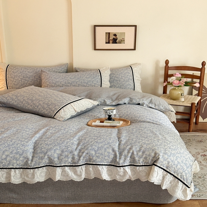 91家纺网 家纺一手货源 找家纺 芯贝儿 2025秋冬新款加厚全m花边m麻复古风亚麻皱皱双层纱水洗m四件套 南庭晚风