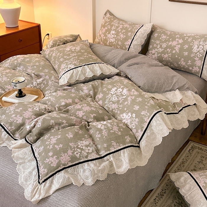 91家纺网 家纺一手货源 找家纺 芯贝儿 2025秋冬新款加厚全m花边m麻复古风亚麻皱皱双层纱水洗m四件套 云卷抒