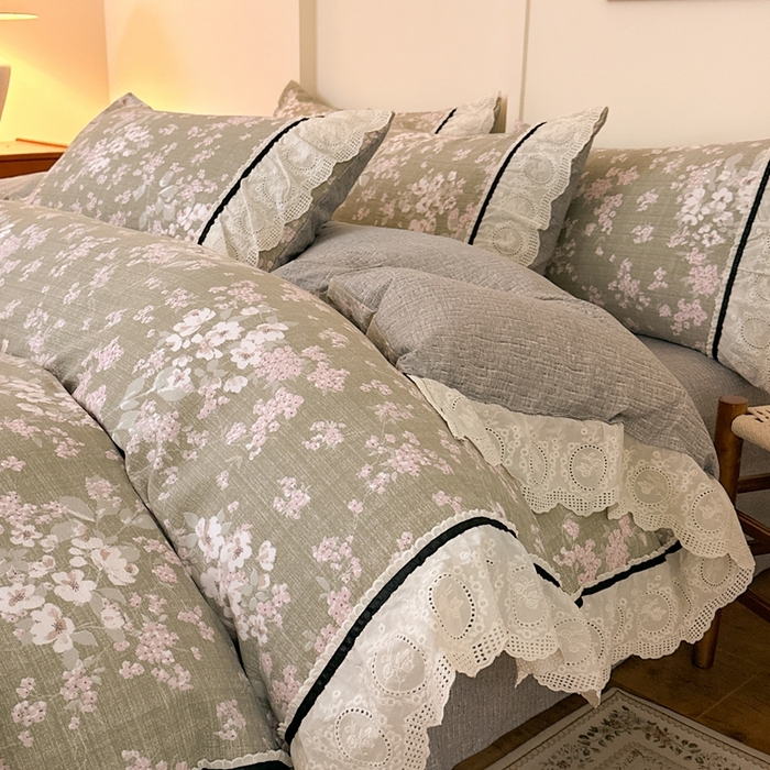 芯贝儿 2025秋冬新款加厚全m花边m麻复古风亚麻皱皱双层纱水洗m四件套 云卷抒