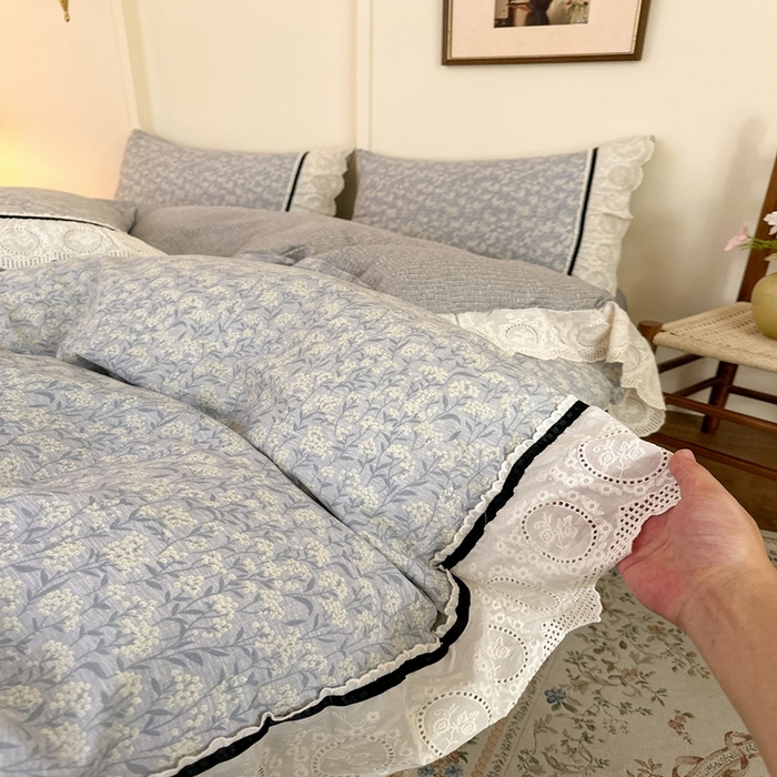 91家纺网 家纺一手货源 找家纺 芯贝儿 2025秋冬新款加厚全m花边m麻复古风亚麻皱皱双层纱水洗m四件套 南庭晚风