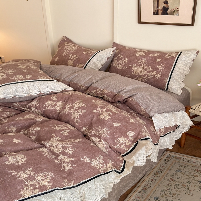 91家纺网 家纺一手货源 找家纺 芯贝儿 2025秋冬新款加厚全m花边m麻复古风亚麻皱皱双层纱水洗m四件套 月华绣影