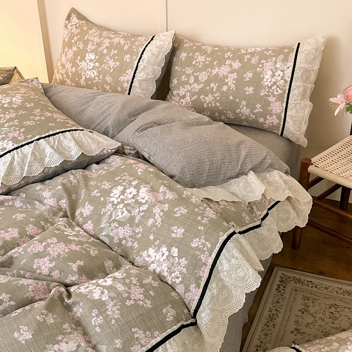 91家纺网 家纺一手货源 找家纺 芯贝儿 2025秋冬新款加厚全m花边m麻复古风亚麻皱皱双层纱水洗m四件套 云卷抒