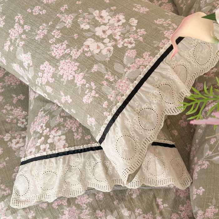 91家纺网 家纺一手货源 找家纺 芯贝儿 2025秋冬新款加厚全m花边m麻复古风亚麻皱皱双层纱水洗m四件套 云卷抒