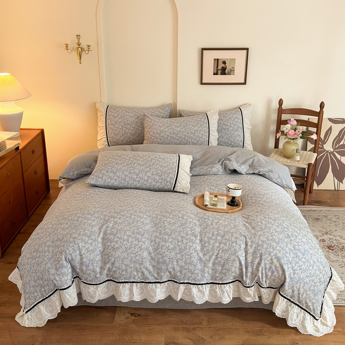 91家纺网 家纺一手货源 找家纺 芯贝儿 2025秋冬新款加厚全m花边m麻复古风亚麻皱皱双层纱水洗m四件套 南庭晚风