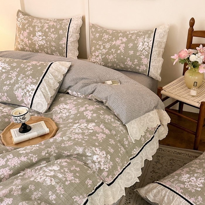 91家纺网 家纺一手货源 找家纺 芯贝儿 2025秋冬新款加厚全m花边m麻复古风亚麻皱皱双层纱水洗m四件套 云卷抒