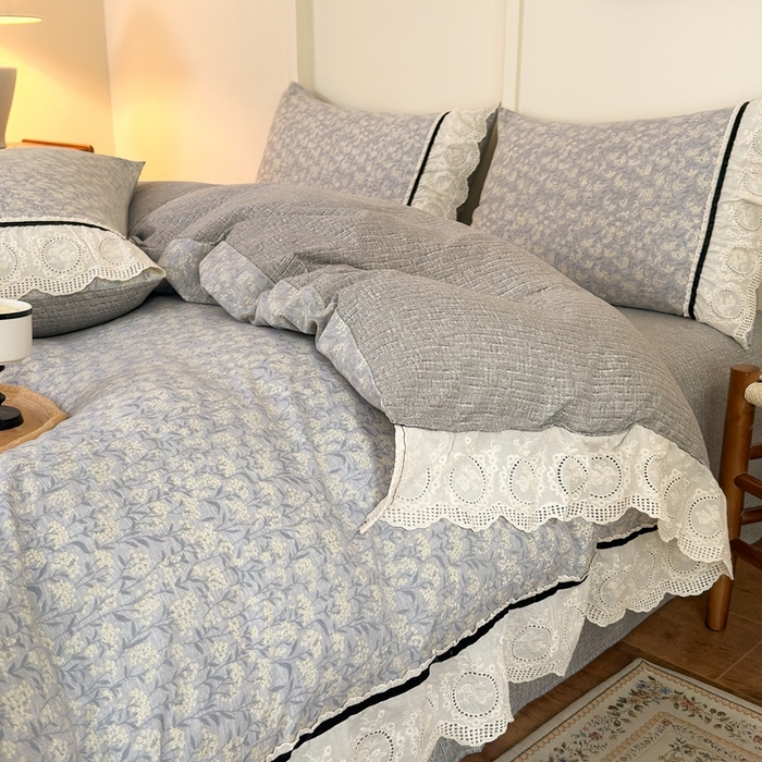 91家纺网 家纺一手货源 找家纺 芯贝儿 2025秋冬新款加厚全m花边m麻复古风亚麻皱皱双层纱水洗m四件套 南庭晚风