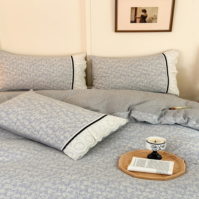 91家纺网 家纺一手货源 找家纺 芯贝儿 2025秋冬新款加厚全m花边m麻复古风亚麻皱皱双层纱水洗m四件套 南庭晚风