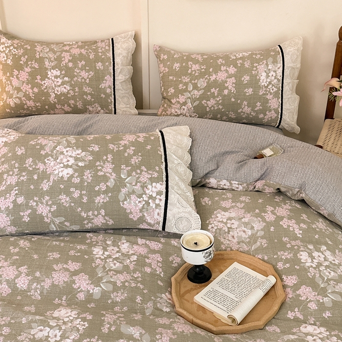 91家纺网 家纺一手货源 找家纺 芯贝儿 2025秋冬新款加厚全m花边m麻复古风亚麻皱皱双层纱水洗m四件套 云卷抒