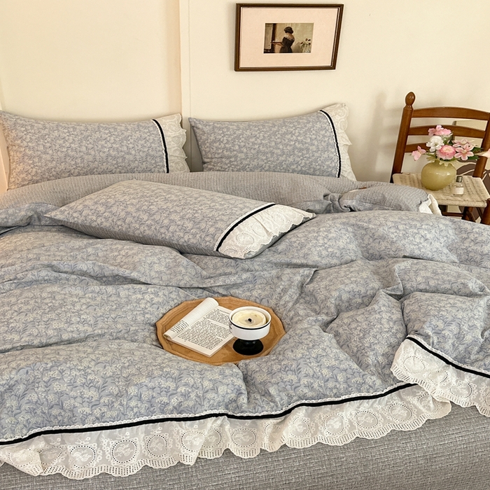 91家纺网 家纺一手货源 找家纺 芯贝儿 2025秋冬新款加厚全m花边m麻复古风亚麻皱皱双层纱水洗m四件套 南庭晚风