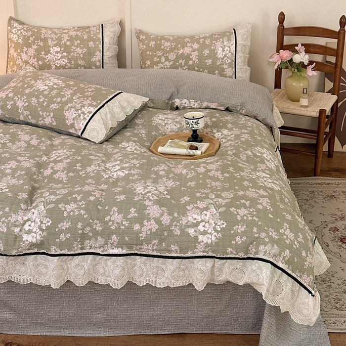 91家纺网 家纺一手货源 找家纺 芯贝儿 2025秋冬新款加厚全m花边m麻复古风亚麻皱皱双层纱水洗m四件套 云卷抒