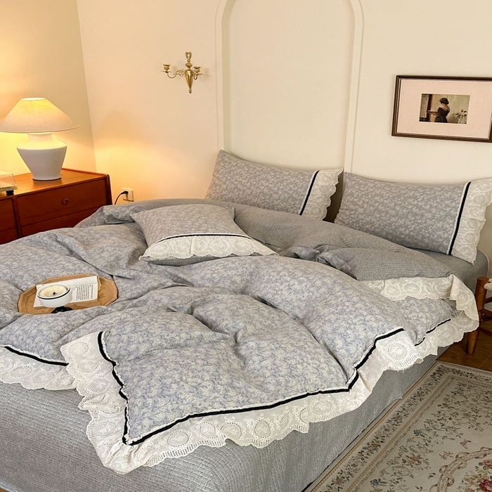 91家纺网 家纺一手货源 找家纺 芯贝儿 2025秋冬新款加厚全m花边m麻复古风亚麻皱皱双层纱水洗m四件套 南庭晚风