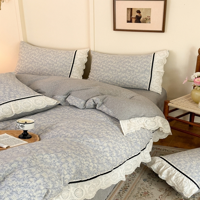 91家纺网 家纺一手货源 找家纺 芯贝儿 2025秋冬新款加厚全m花边m麻复古风亚麻皱皱双层纱水洗m四件套 南庭晚风