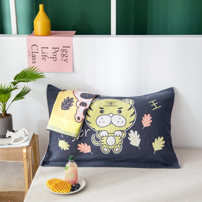 91家纺网 家纺一手货源 找家纺 朴尔家纺-毛巾被 2025新款儿童定位卡通大版花全棉纯棉四层纱布枕巾 威风虎 40x60cm儿童枕巾/对