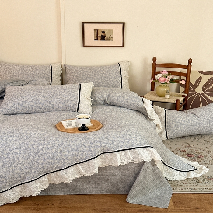 91家纺网 家纺一手货源 找家纺 芯贝儿 2025秋冬新款加厚全m花边m麻复古风亚麻皱皱双层纱水洗m四件套 南庭晚风