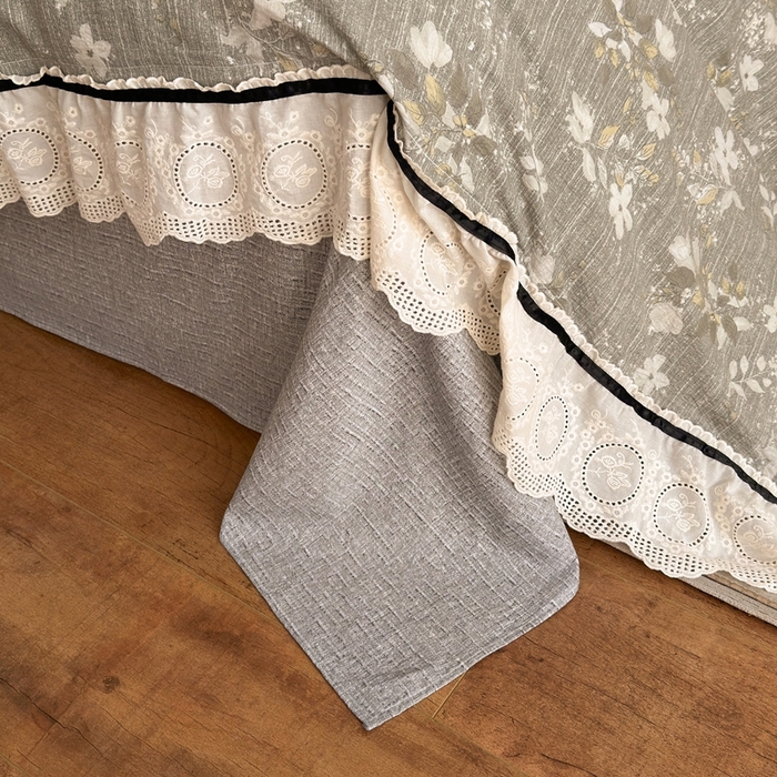 91家纺网 家纺一手货源 找家纺 芯贝儿 2025秋冬新款加厚全m花边m麻复古风亚麻皱皱双层纱水洗m四件套 幽兰拂晓