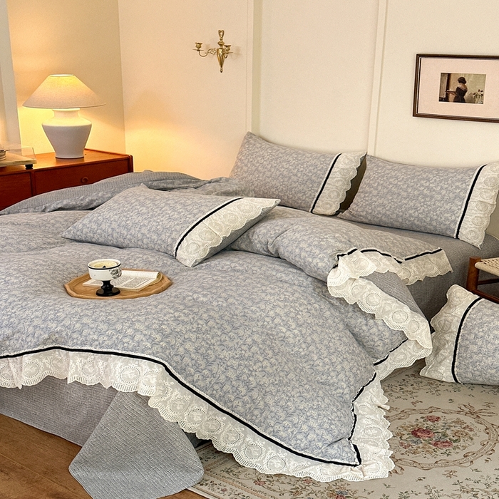 91家纺网 家纺一手货源 找家纺 芯贝儿 2025秋冬新款加厚全m花边m麻复古风亚麻皱皱双层纱水洗m四件套 南庭晚风