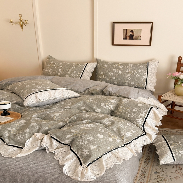 91家纺网 家纺一手货源 找家纺 芯贝儿 2025秋冬新款加厚全m花边m麻复古风亚麻皱皱双层纱水洗m四件套 幽兰拂晓