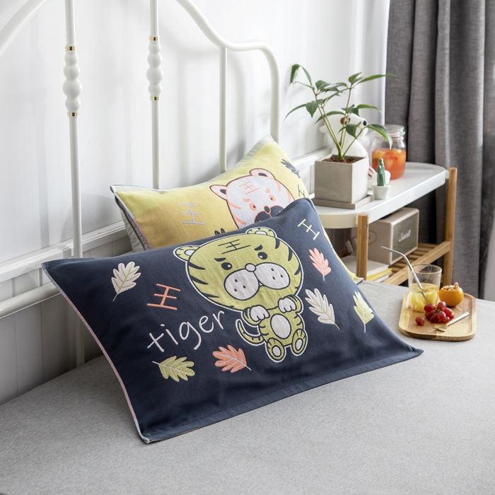 91家纺网 家纺一手货源 找家纺 朴尔家纺-毛巾被 2025新款儿童定位卡通大版花全棉纯棉四层纱布枕巾 威风虎 40x60cm儿童枕巾/对