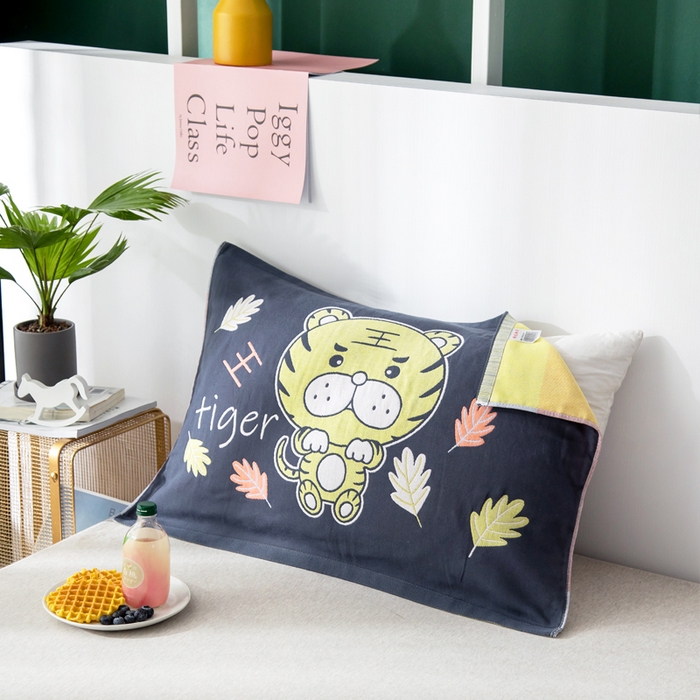 91家纺网 家纺一手货源 找家纺 朴尔家纺-毛巾被 2025新款儿童定位卡通大版花全棉纯棉四层纱布枕巾 威风虎 40x60cm儿童枕巾/对