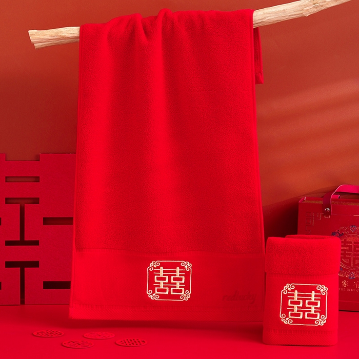 91家纺网 家纺一手货源 找家纺 朴尔家纺-毛巾被 2025新款全棉纯棉红色系喜庆婚庆伴手礼新婚回礼绣花毛巾-场景二 好事成双 35x75cm毛巾