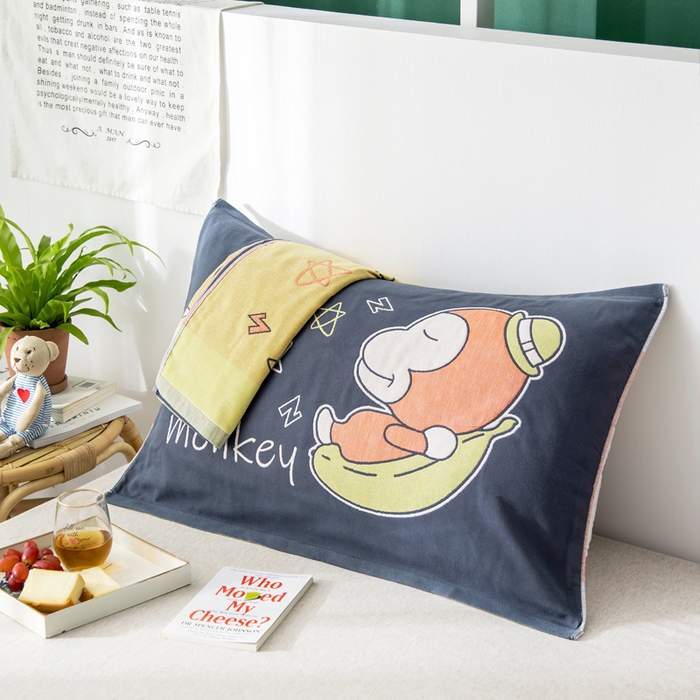 91家纺网 家纺一手货源 找家纺 朴尔家纺-毛巾被 2025新款儿童定位卡通大版花全棉纯棉四层纱布枕巾 香蕉猴 40x60cm儿童枕巾/对