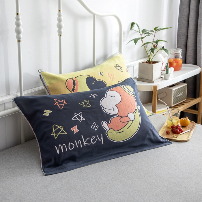 91家纺网 家纺一手货源 找家纺 朴尔家纺-毛巾被 2025新款儿童定位卡通大版花全棉纯棉四层纱布枕巾 香蕉猴 40x60cm儿童枕巾/对
