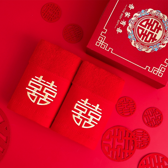 朴尔家纺-毛巾被 2025新款全棉纯棉红色系喜庆婚庆伴手礼新婚回礼绣花毛巾-场景二 喜上心头 35x75cm毛巾