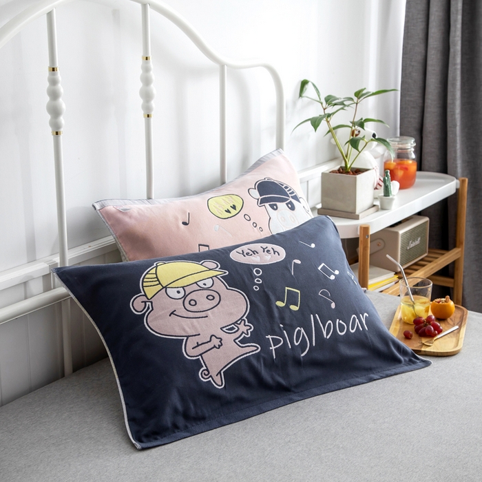 91家纺网 家纺一手货源 找家纺 朴尔家纺-毛巾被 2025新款儿童定位卡通大版花全棉纯棉四层纱布枕巾 兜兜猪 53x78cm成人枕巾/对