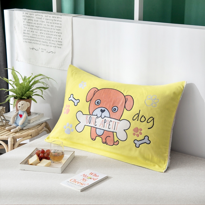 91家纺网 家纺一手货源 找家纺 朴尔家纺-毛巾被 2025新款儿童定位卡通大版花全棉纯棉四层纱布枕巾 骨头汪 53x78cm成人枕巾/对