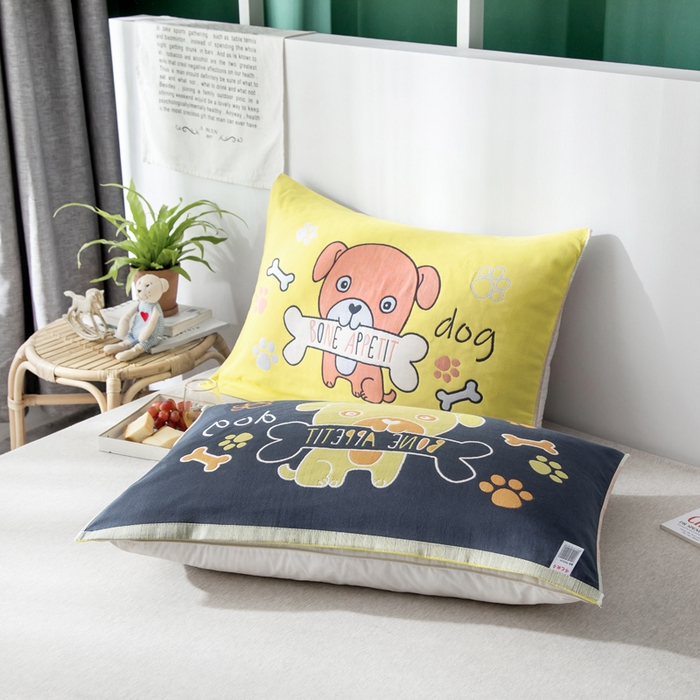 91家纺网 家纺一手货源 找家纺 朴尔家纺-毛巾被 2025新款儿童定位卡通大版花全棉纯棉四层纱布枕巾 骨头汪 53x78cm成人枕巾/对