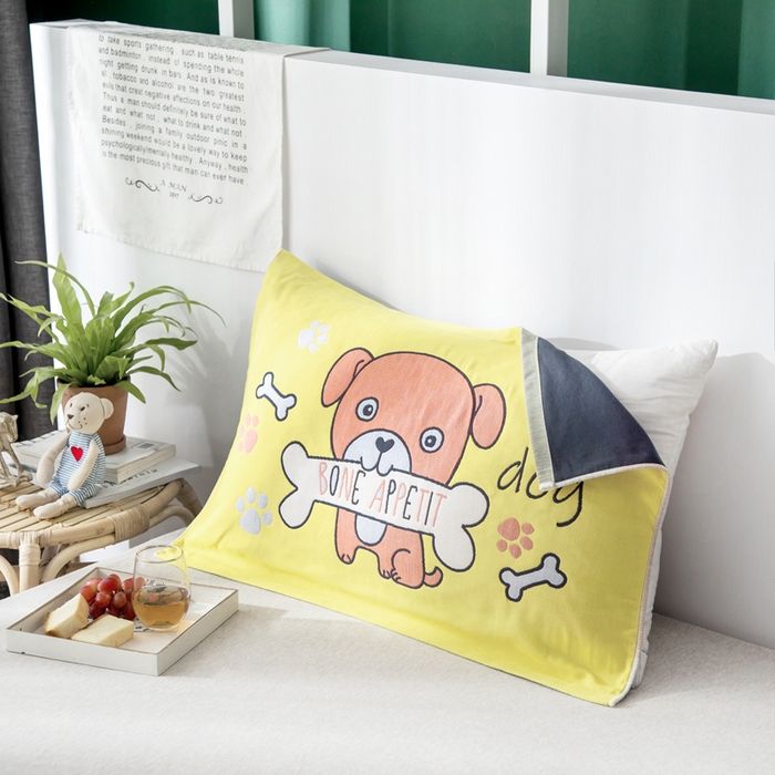 91家纺网 家纺一手货源 找家纺 朴尔家纺-毛巾被 2025新款儿童定位卡通大版花全棉纯棉四层纱布枕巾 骨头汪 53x78cm成人枕巾/对