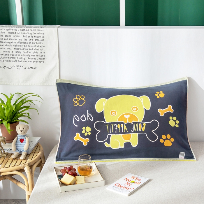 91家纺网 家纺一手货源 找家纺 朴尔家纺-毛巾被 2025新款儿童定位卡通大版花全棉纯棉四层纱布枕巾 骨头汪 53x78cm成人枕巾/对