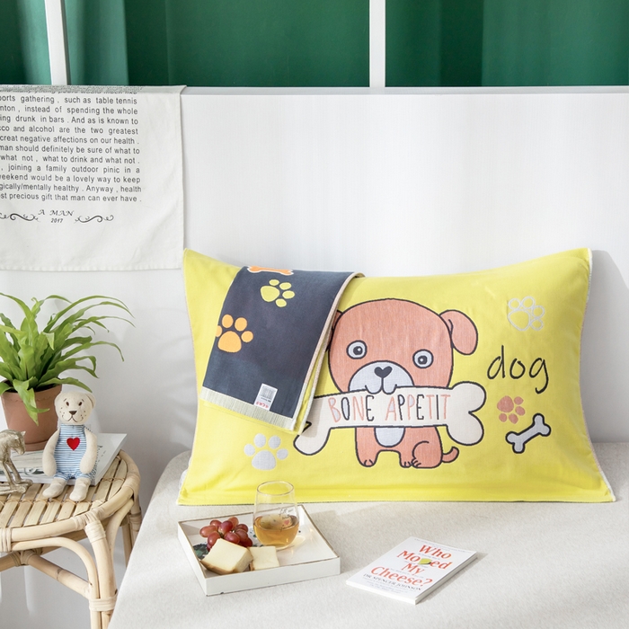 91家纺网 家纺一手货源 找家纺 朴尔家纺-毛巾被 2025新款儿童定位卡通大版花全棉纯棉四层纱布枕巾 骨头汪 53x78cm成人枕巾/对