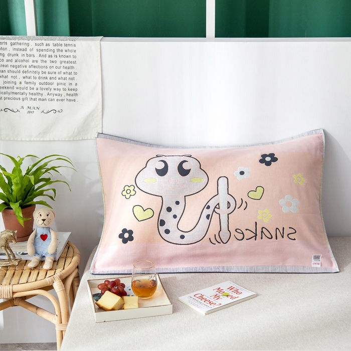 91家纺网 家纺一手货源 找家纺 朴尔家纺-毛巾被 2025新款儿童定位卡通大版花全棉纯棉四层纱布枕巾 花花蛇 53x78cm成人枕巾/对