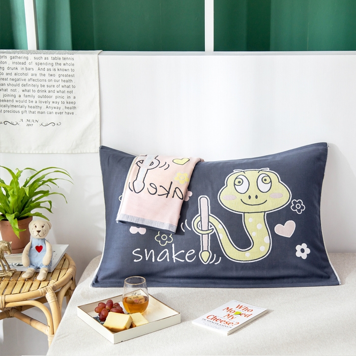 91家纺网 家纺一手货源 找家纺 朴尔家纺-毛巾被 2025新款儿童定位卡通大版花全棉纯棉四层纱布枕巾 花花蛇 53x78cm成人枕巾/对