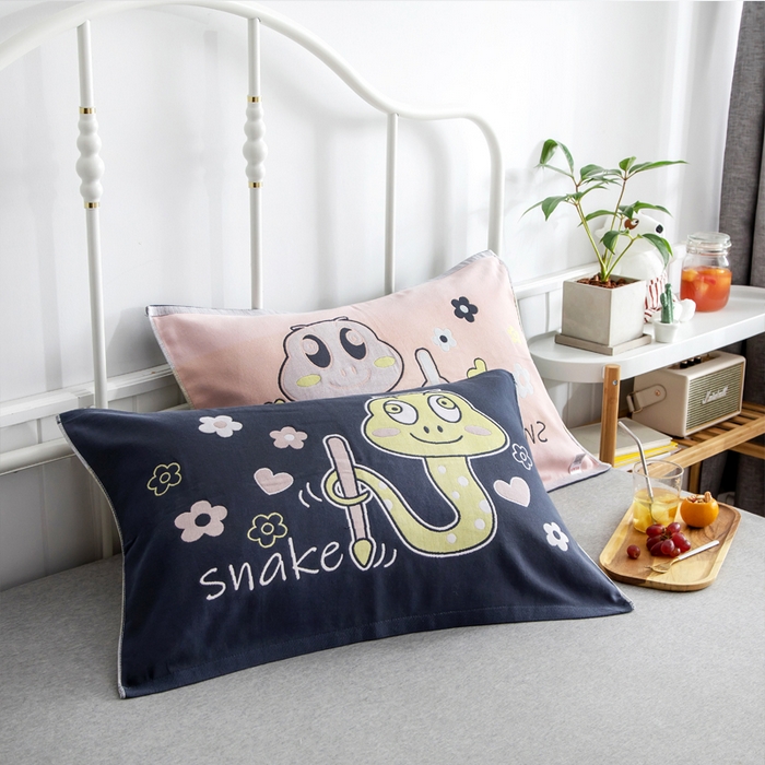 91家纺网 家纺一手货源 找家纺 朴尔家纺-毛巾被 2025新款儿童定位卡通大版花全棉纯棉四层纱布枕巾 花花蛇 53x78cm成人枕巾/对