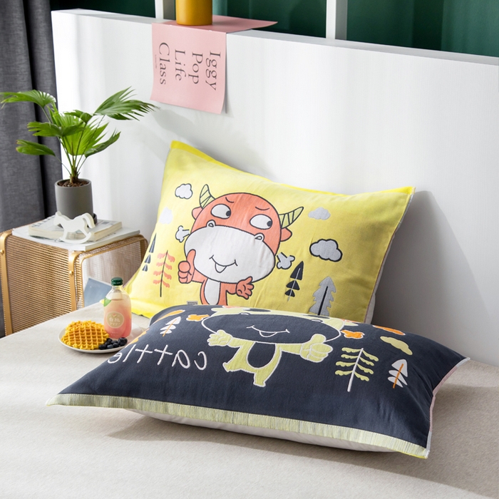 91家纺网 家纺一手货源 找家纺 朴尔家纺-毛巾被 2025新款儿童定位卡通大版花全棉纯棉四层纱布枕巾 牛小兽 53x78cm成人枕巾/对