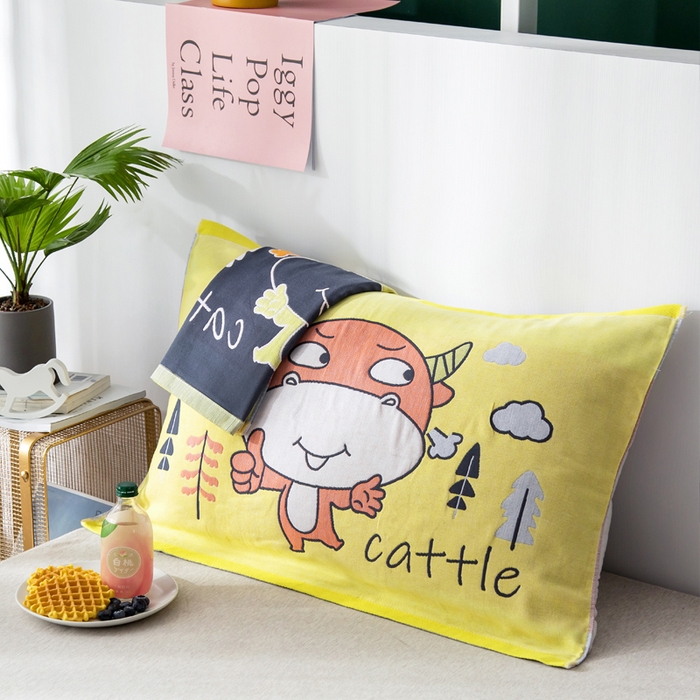 91家纺网 家纺一手货源 找家纺 朴尔家纺-毛巾被 2025新款儿童定位卡通大版花全棉纯棉四层纱布枕巾 牛小兽 53x78cm成人枕巾/对