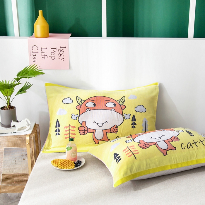 91家纺网 家纺一手货源 找家纺 朴尔家纺-毛巾被 2025新款儿童定位卡通大版花全棉纯棉四层纱布枕巾 牛小兽 53x78cm成人枕巾/对