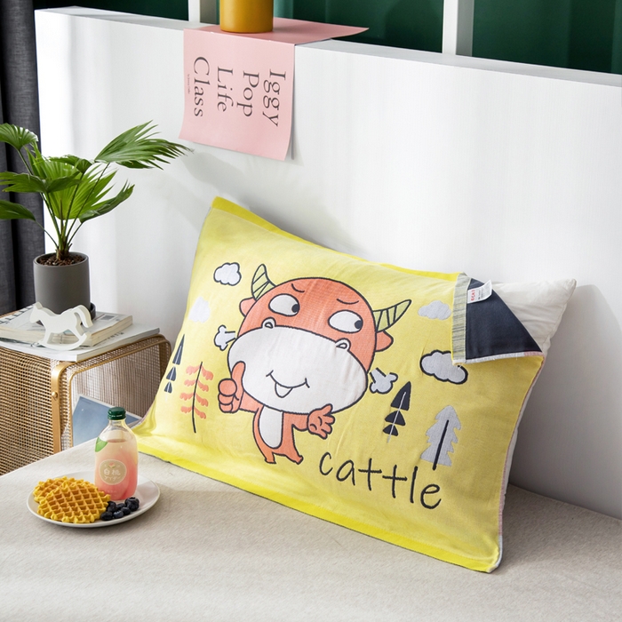 91家纺网 家纺一手货源 找家纺 朴尔家纺-毛巾被 2025新款儿童定位卡通大版花全棉纯棉四层纱布枕巾 牛小兽 53x78cm成人枕巾/对