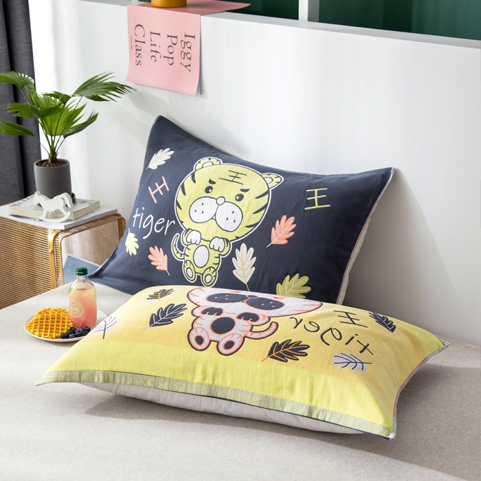 91家纺网 家纺一手货源 找家纺 朴尔家纺-毛巾被 2025新款儿童定位卡通大版花全棉纯棉四层纱布枕巾 威风虎 53x78cm成人枕巾/对