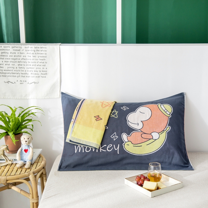 91家纺网 家纺一手货源 找家纺 朴尔家纺-毛巾被 2025新款儿童定位卡通大版花全棉纯棉四层纱布枕巾 香蕉猴 53x78cm成人枕巾/对