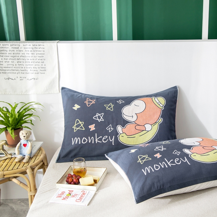 91家纺网 家纺一手货源 找家纺 朴尔家纺-毛巾被 2025新款儿童定位卡通大版花全棉纯棉四层纱布枕巾 香蕉猴 53x78cm成人枕巾/对