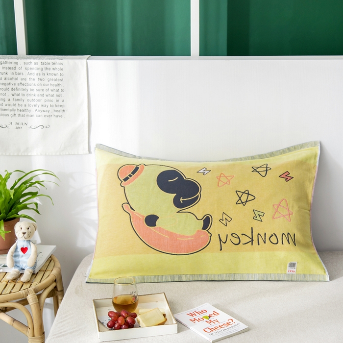 91家纺网 家纺一手货源 找家纺 朴尔家纺-毛巾被 2025新款儿童定位卡通大版花全棉纯棉四层纱布枕巾 香蕉猴 53x78cm成人枕巾/对