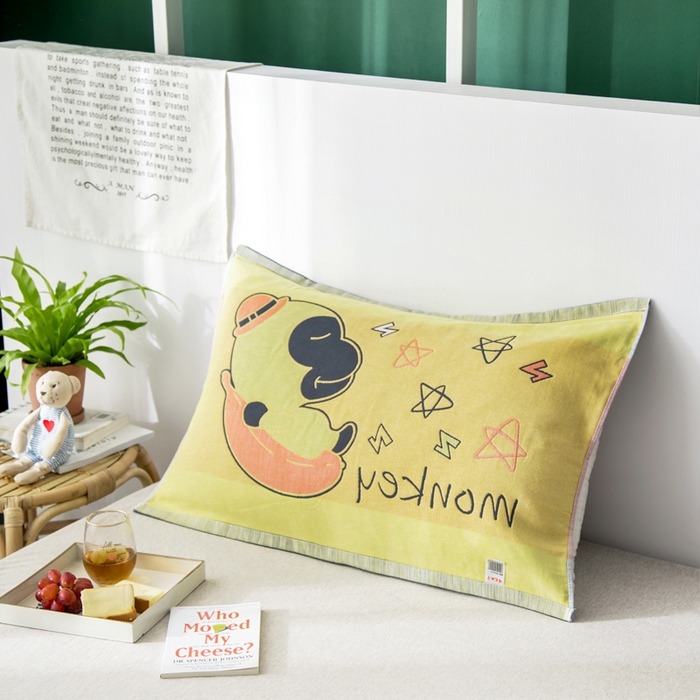 91家纺网 家纺一手货源 找家纺 朴尔家纺-毛巾被 2025新款儿童定位卡通大版花全棉纯棉四层纱布枕巾 香蕉猴 53x78cm成人枕巾/对