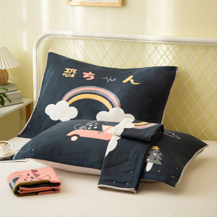 91家纺网 家纺一手货源 找家纺 朴尔家纺-毛巾被 2025新款卡通AB组合全棉纯棉层纱布枕巾 彩虹恐龙-藏青 52x78cm/对
