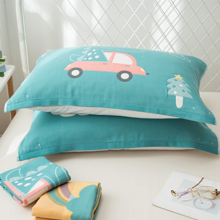 91家纺网 家纺一手货源 找家纺 朴尔家纺-毛巾被 2025新款卡通AB组合全棉纯棉层纱布枕巾 彩虹恐龙-绿 52x78cm/对